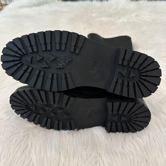 NWOT ZARA Treaded Knee High Boots Leather Chunky Lug Sole Flat Boot, Black - Picture 12 of 13